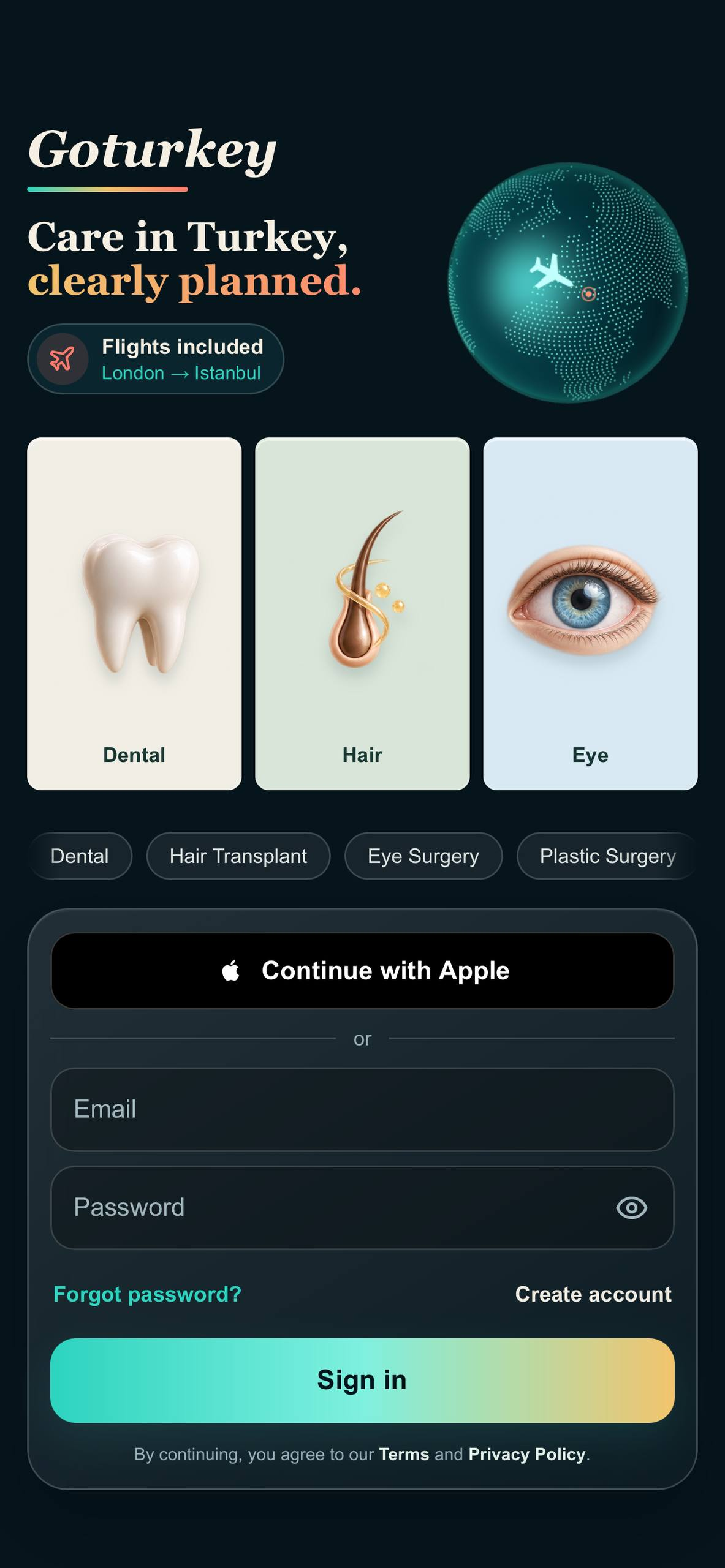 Goturkey app sign-in screen with dental, hair and eye treatment categories